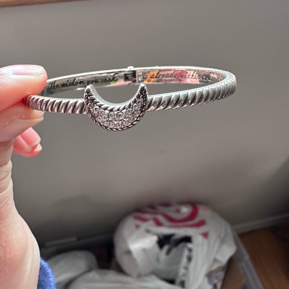Silver Tone Crescent Moon Celestial Crystal Bangle Bracelet Engraved Quote